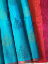 Aqua Blue Soft Silk Saree With Green and Black Floral Print and Orange Pallu - MIRASILKS Aqua Blue Soft Silk Saree With Green and Black Floral Print and Orange Pallu
